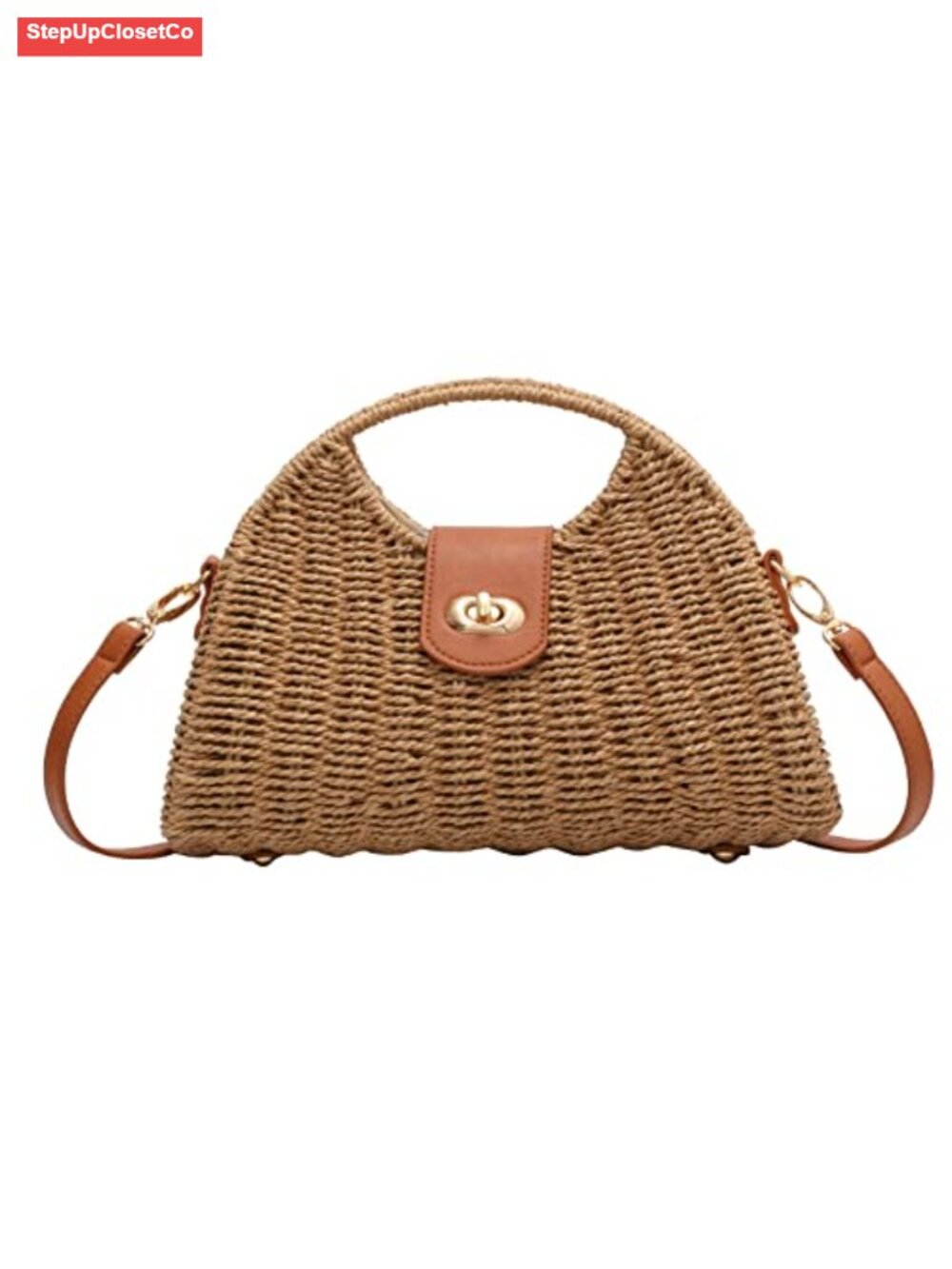 Handwoven Straw Crossbody Tote Bag - Rattan Handle Beach Purse